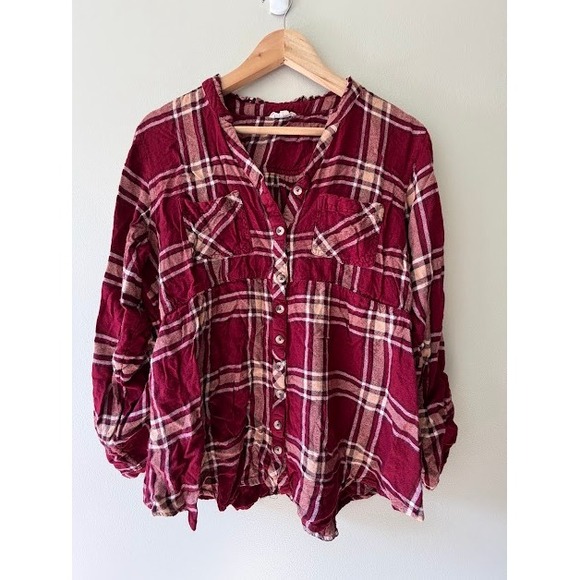 Maurices Tops - Plaid Maurices Button Down Women XL Burgundy Babydoll Plaid Ruffle Neck Blouse